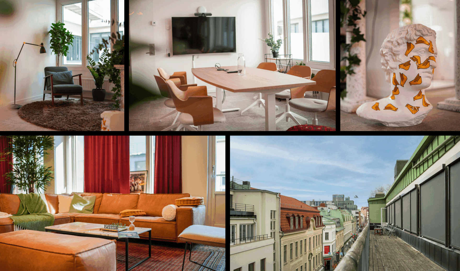 Bilder från Republikens kontor i Göteborg. Stor takterass, soffgrupp, konferensrum och arbetshörna med fåtölj.